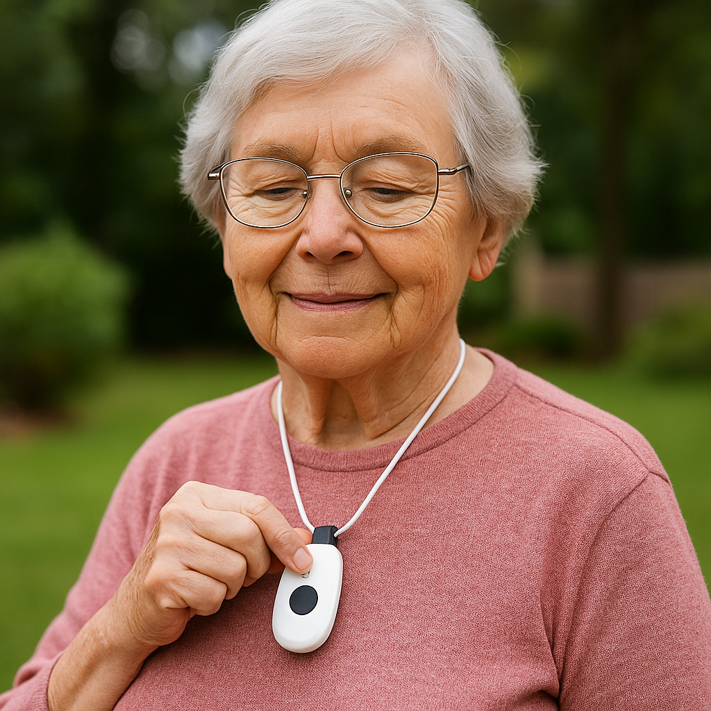 Elderly woman outdoors wearing a pink sweater and pressing a white mobile medical alert device on a lanyard