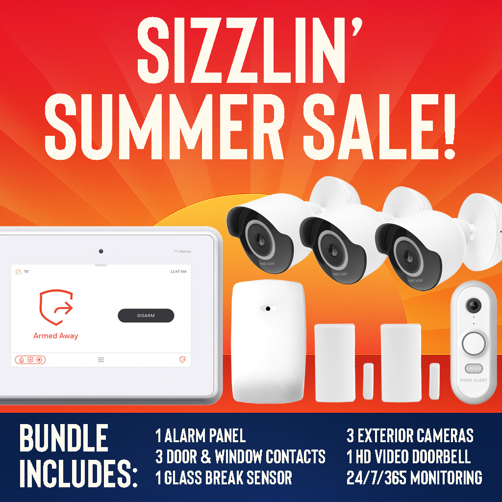 Promotional graphic for Prudential Alarm’s Sizzlin’ Summer Sale showcasing an alarm panel, glass break sensor, door and window contacts, HD video doorbell, and exterior security cameras