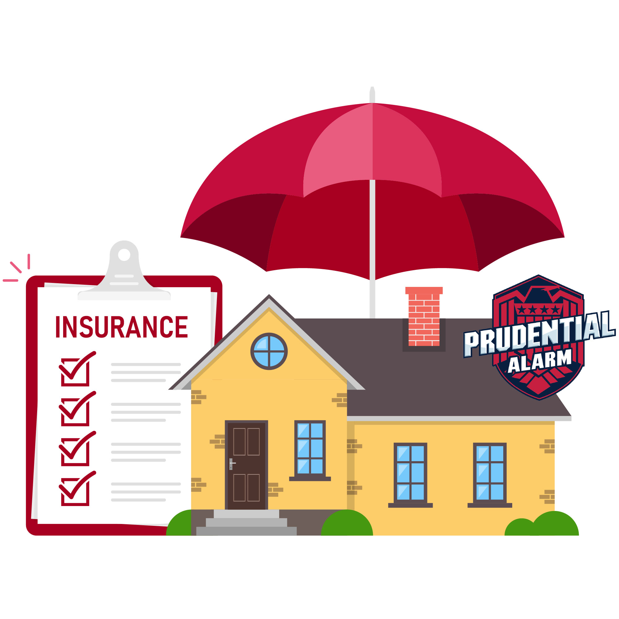 Illustration of a yellow house under a red umbrella with a home insurance checklist and Prudential Alarm logo