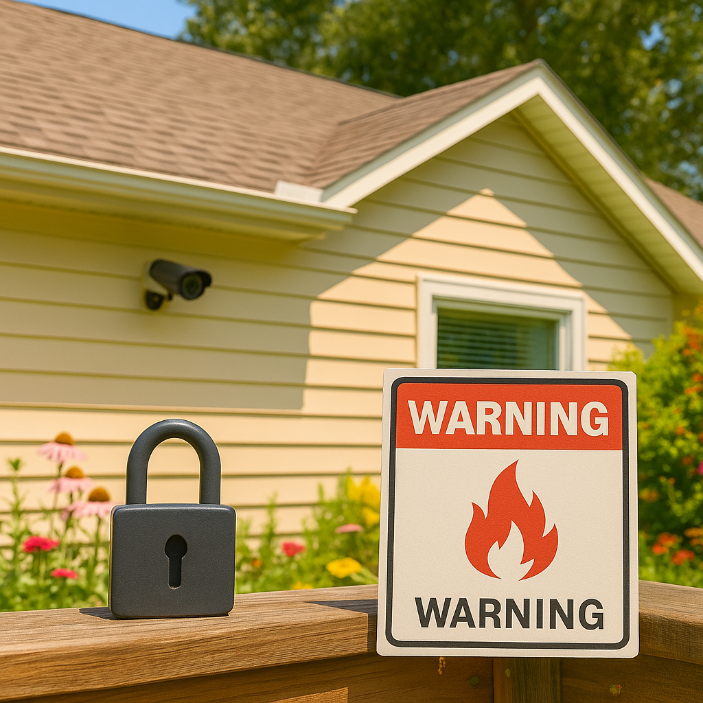 Summer Crime and Fire Warning Sign Outside Suburban Home