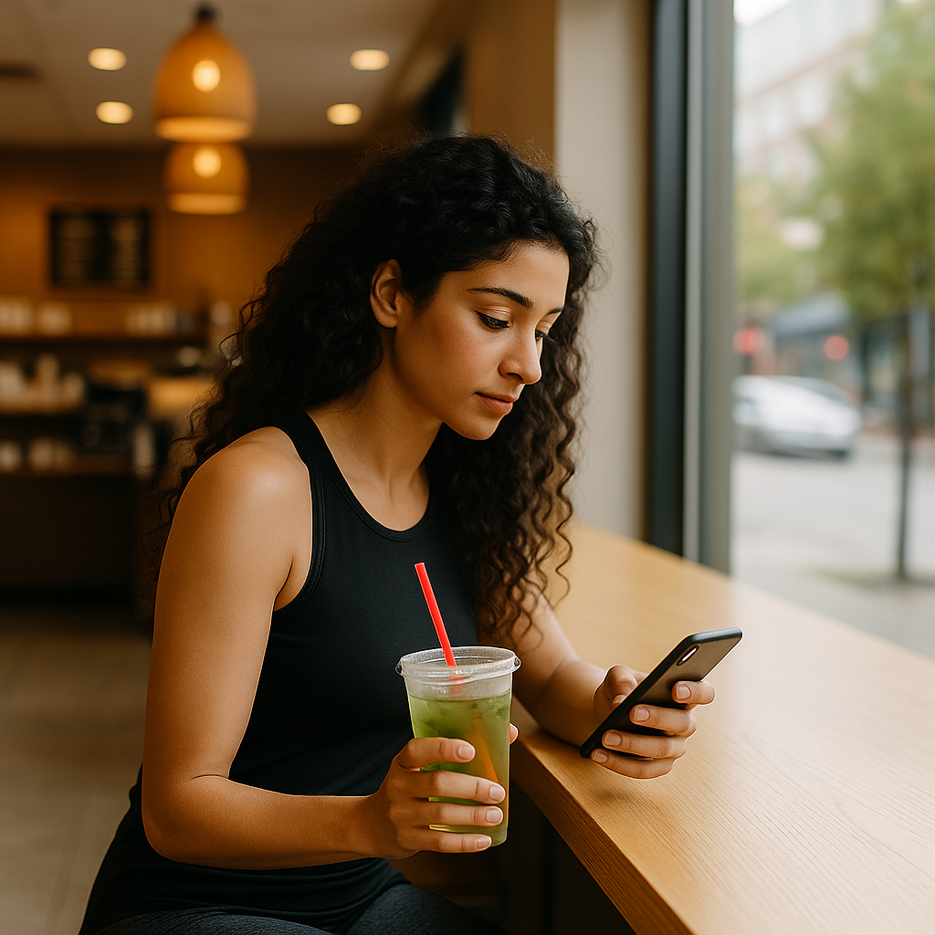 Woman with long curly hair sitting in a café, holding green tea with a red straw while viewing her smartphone