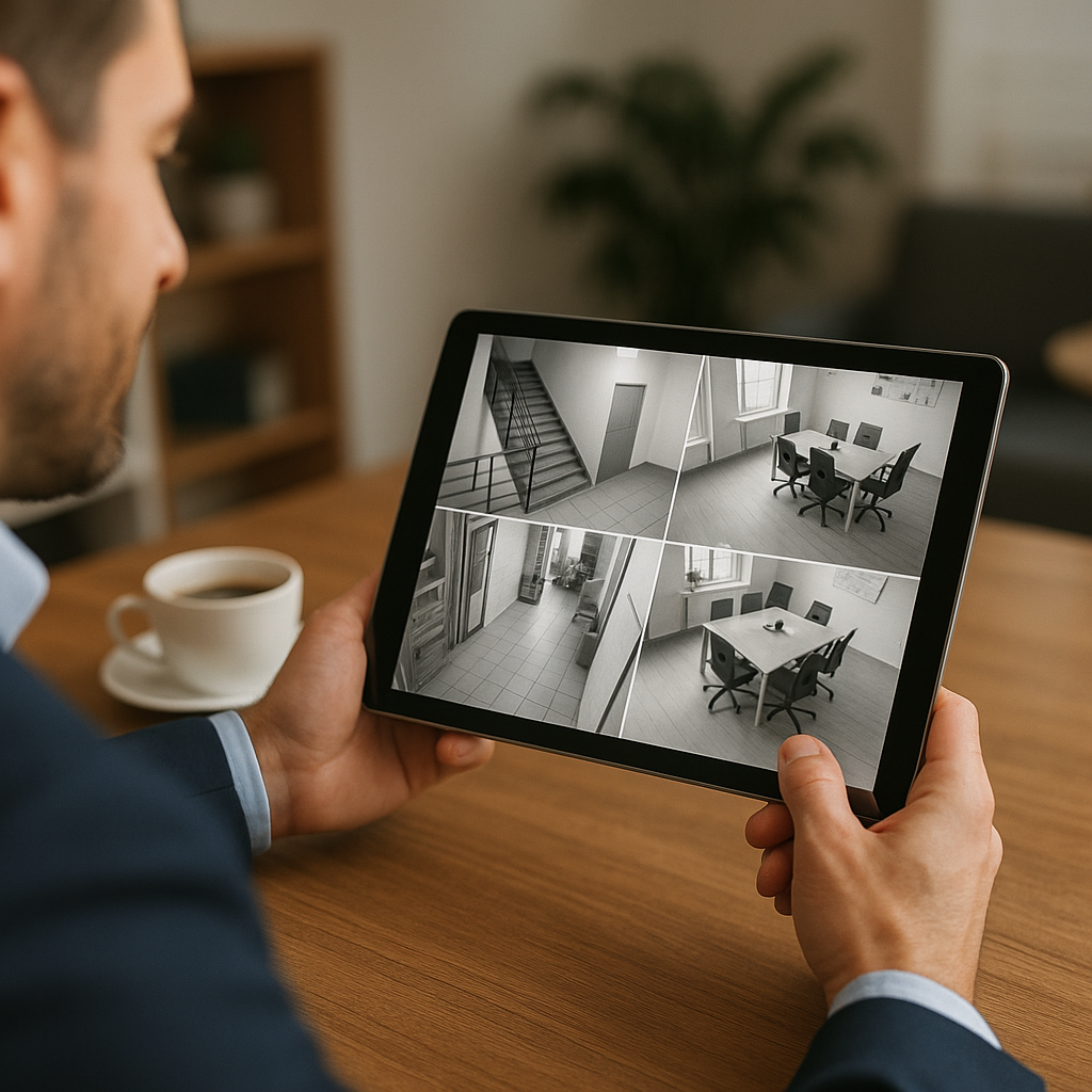 Man monitors business security cameras on tablet, enhancing oversight.