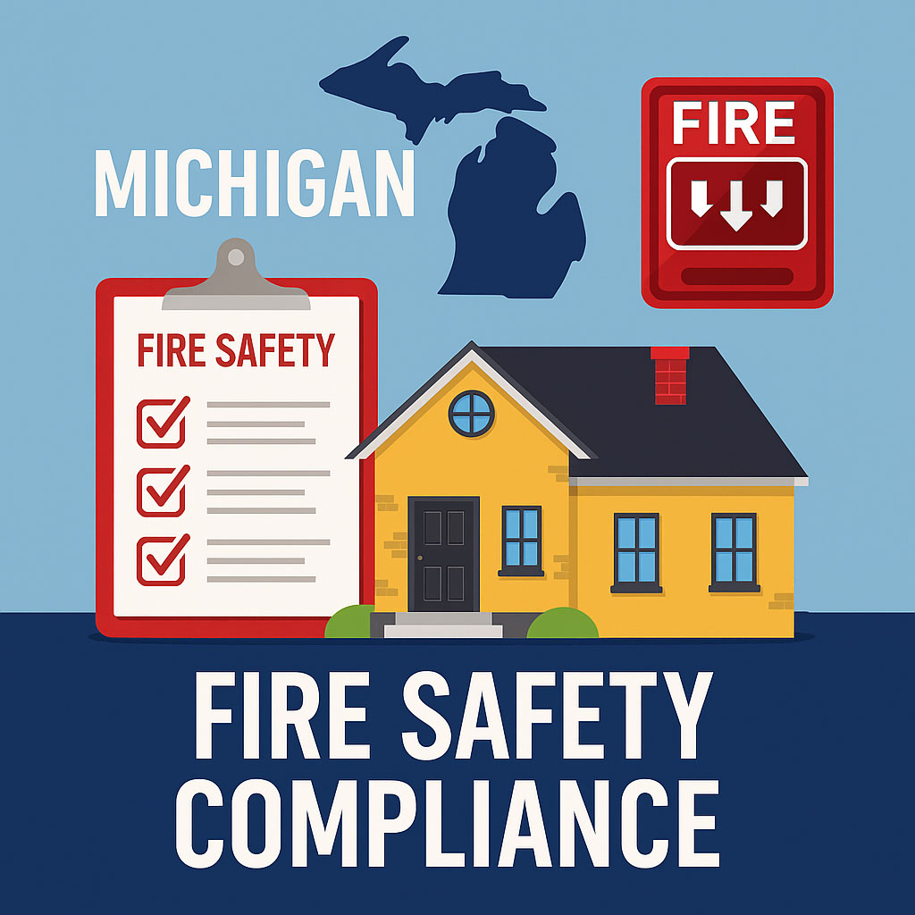 Illustration of fire safety compliance for Michigan property owners showing a clipboard with fire code checklist, smoke detector, fire extinguisher, and high-rise building to represent commercial safety standards.