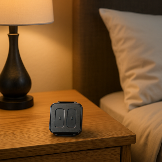 Close-up of a Prudential Alarm panic button on a bedside table with a lamp and pillow in the background, illustrating discreet home emergency preparedness.