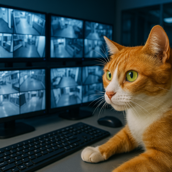 Orange cat monitoring multiple security camera feeds on a computer desk, symbolizing pet-safe home surveillance.