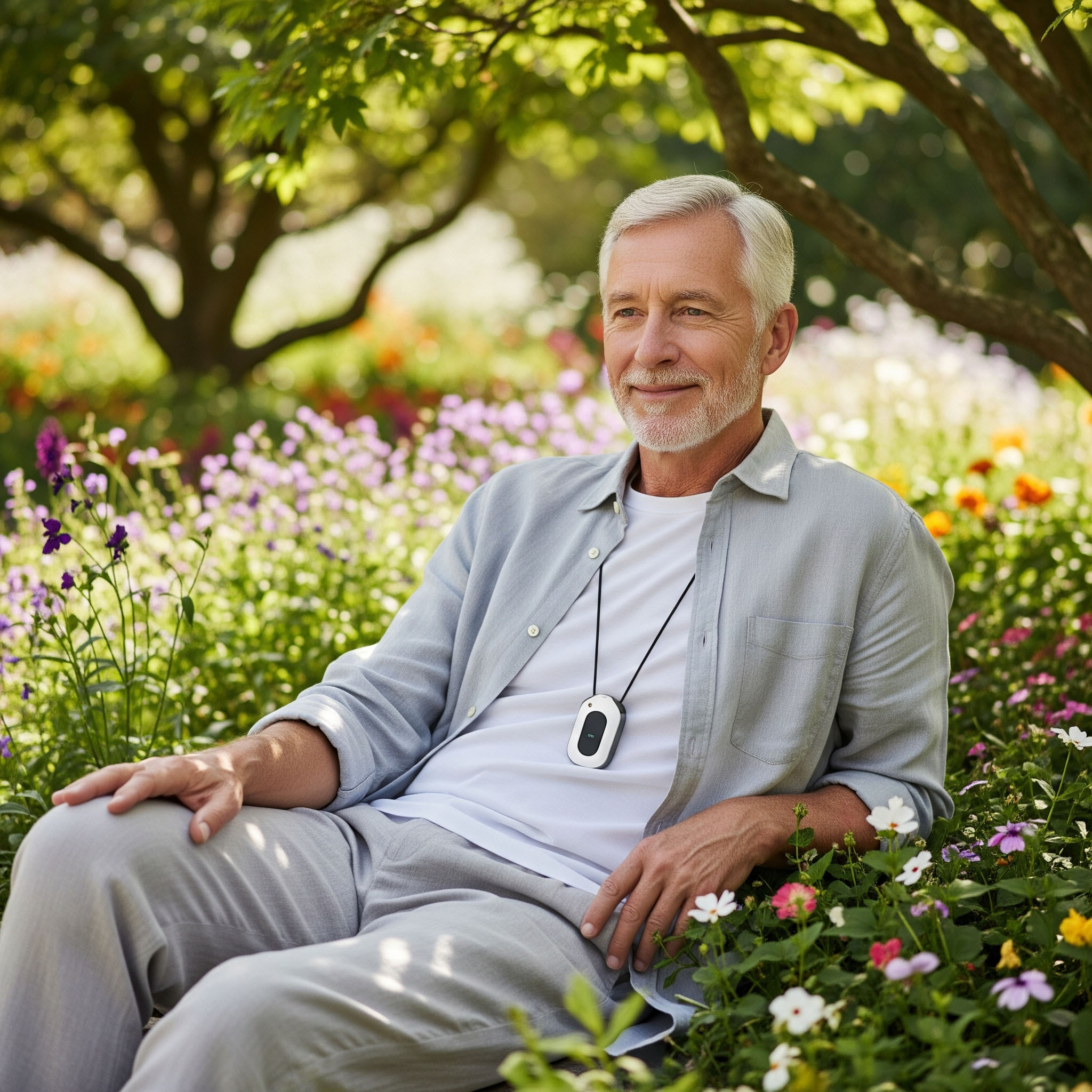 A serene senior man wearing a Belle medical alert pendant smiles peacefully in a vibrant garden, symbolizing independence and caregiver peace of mind.