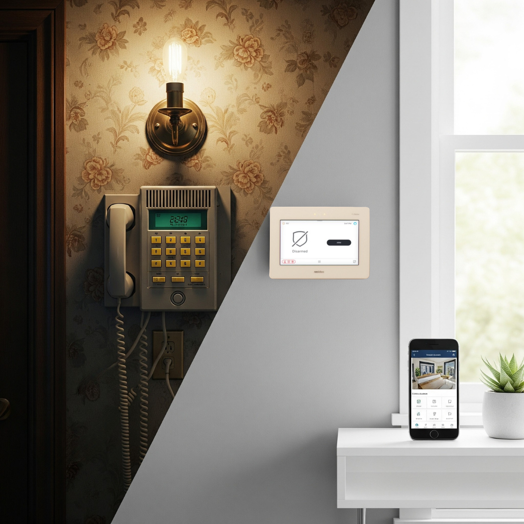 Split-screen image showing an outdated security system with a corded landline on the left and a modern wireless security system with mobile app integration on the right.