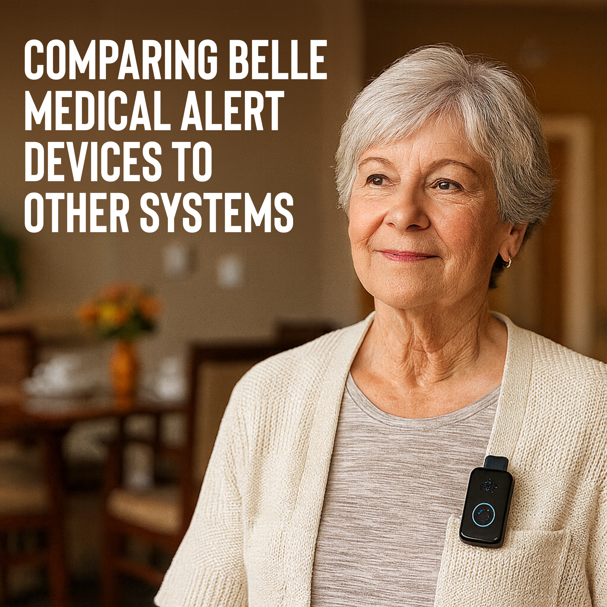 An elderly woman smiling and looking up, with a black Belle medical alert device clipped to her shirt. The image has a text overlay that reads :quot:COMPARING BELLE MEDICAL ALERT DEVICES TO OTHER SYSTEMS.:quot: