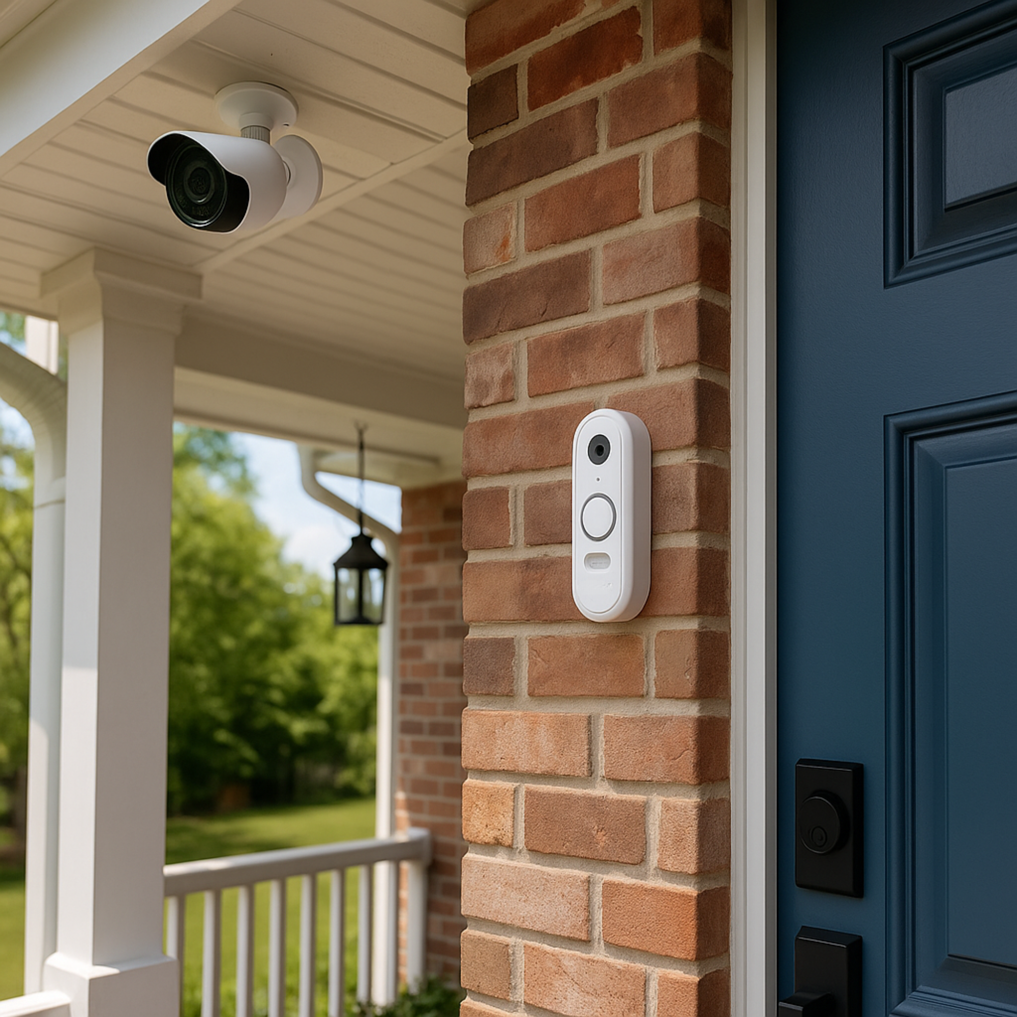 Daylight view of a suburban home porch featuring a Prudential Alarm video doorbell mounted beside the front door and an outdoor security camera installed on the ceiling of porch.