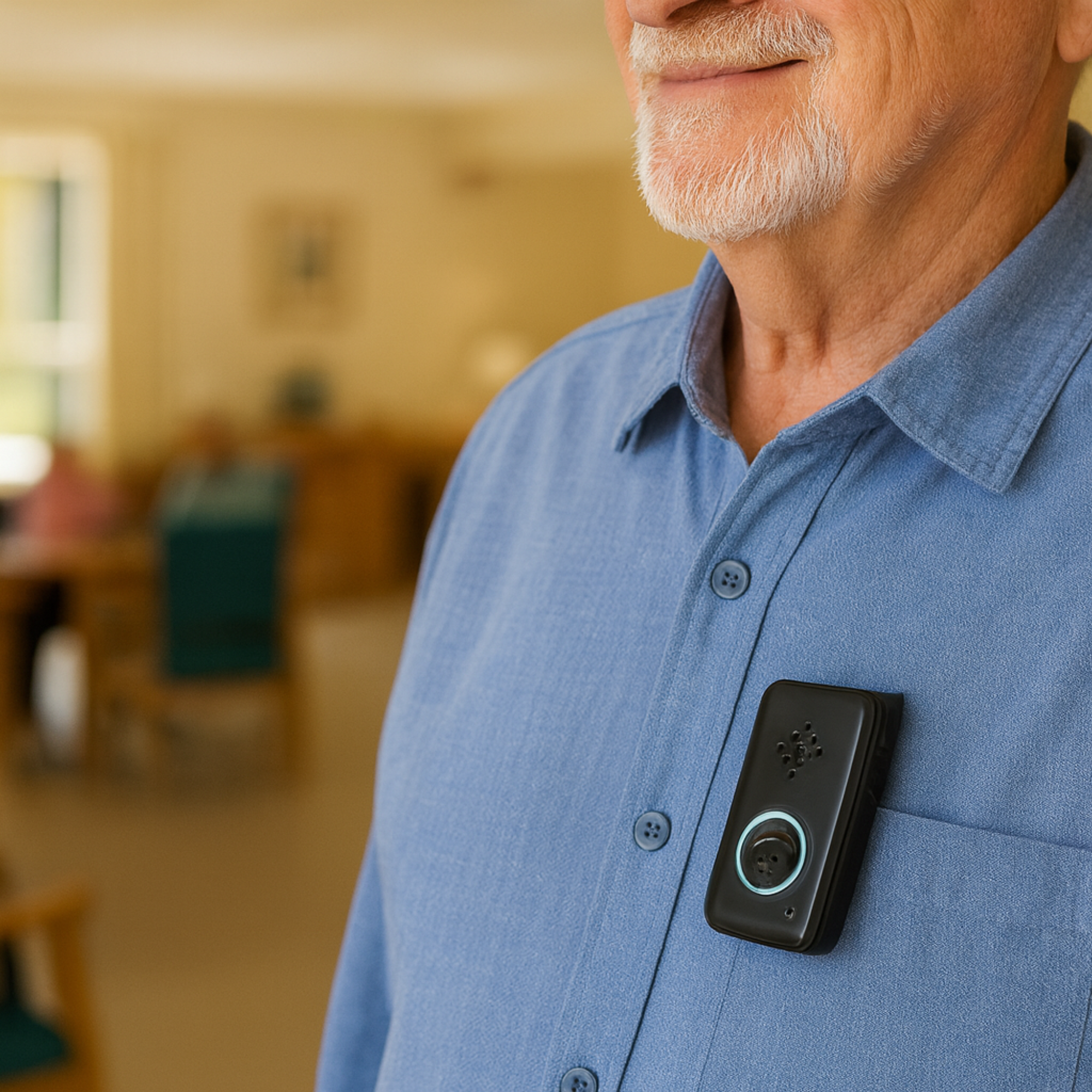 Close-up of an elderly man in a light blue shirt with a Belle medical alert device clipped to his pocket, smiling inside a warm assisted living facility.