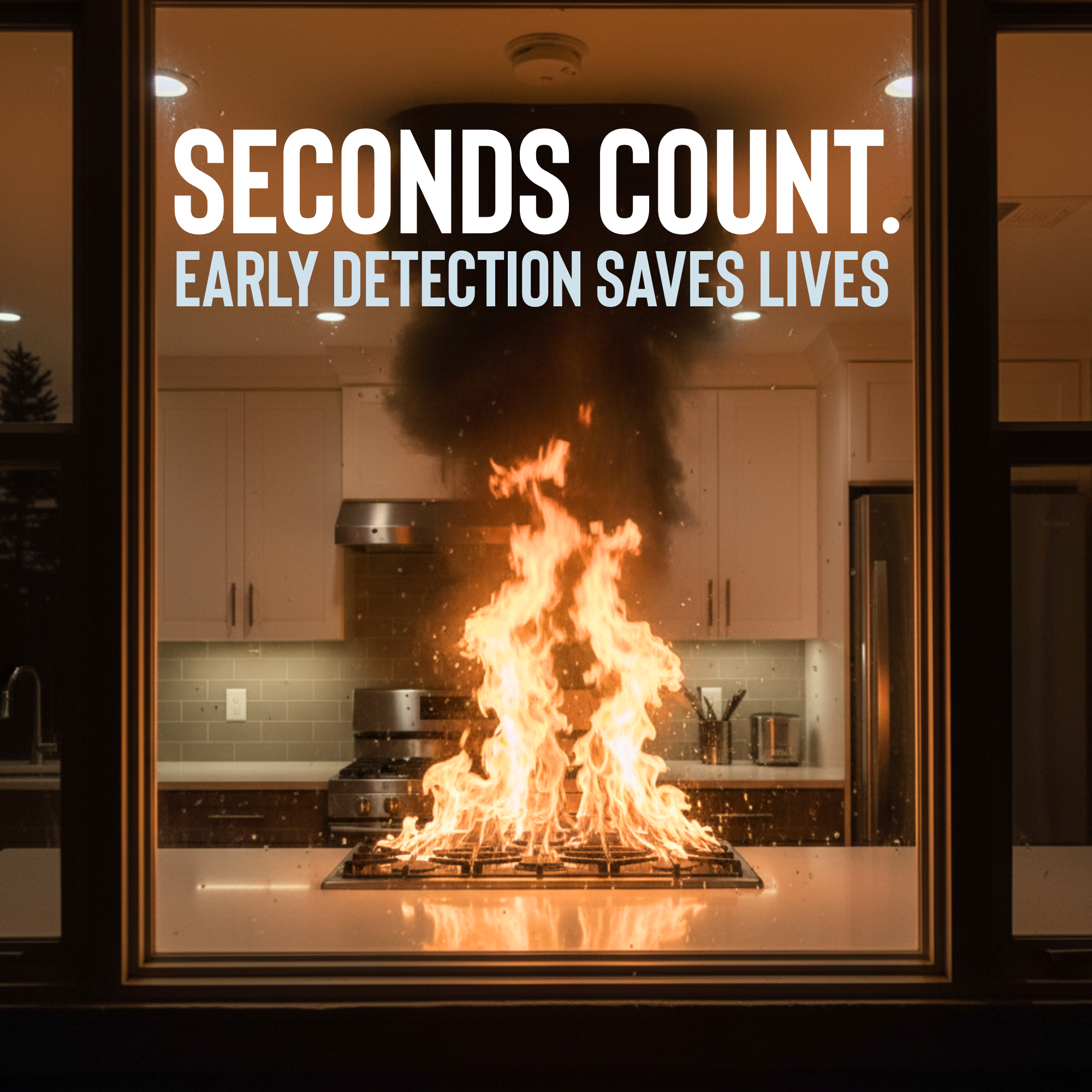 A view from outside a home at night, looking through a window at a kitchen fire on the stove.