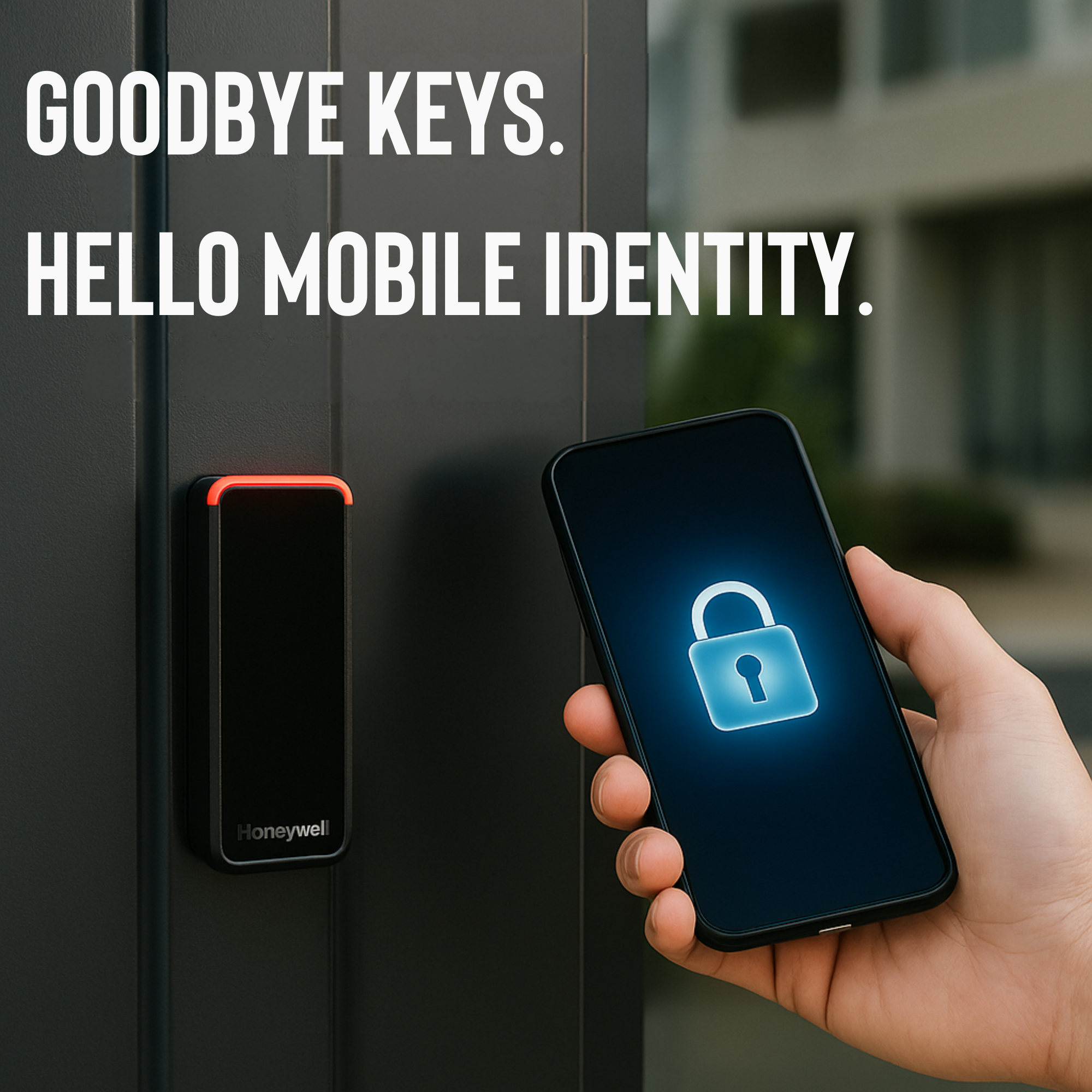 A person holds a smartphone displaying a glowing lock icon near a Honeywell OmniAssure Touch reader on a modern building door, illustrating mobile access control technology.