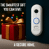 White First Alert video doorbell beside a red gift box with a gold ribbon, set against blurred holiday lights, with text reading “The Smartest Gift You Can Give: A Secure Home.”