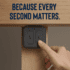 Hand reaching for a discreet dual panic button mounted underneath a desk, emphasizing rapid operational support with the text “Because Every Second Matters.”