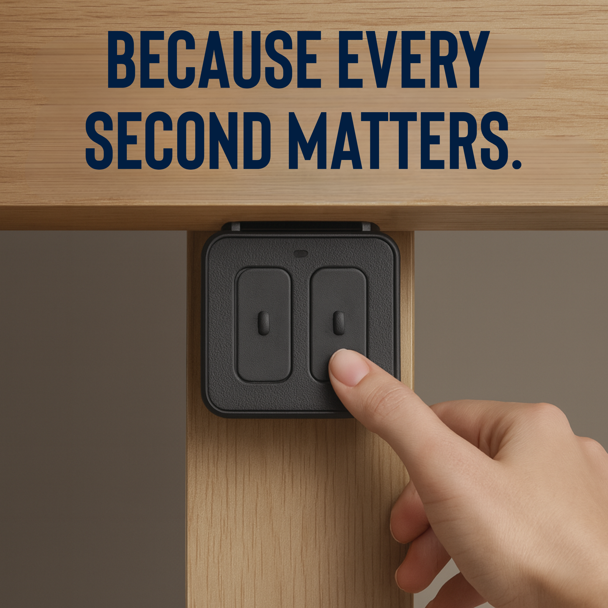 Hand reaching for a discreet dual panic button mounted underneath a desk, emphasizing rapid operational support with the text “Because Every Second Matters.”