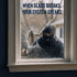 Burglar in a ski mask attempting to break into a home through a shattered window, viewed from inside a navy-walled room. The broken glass is realistic and detailed, with the intruder visible through the opening.