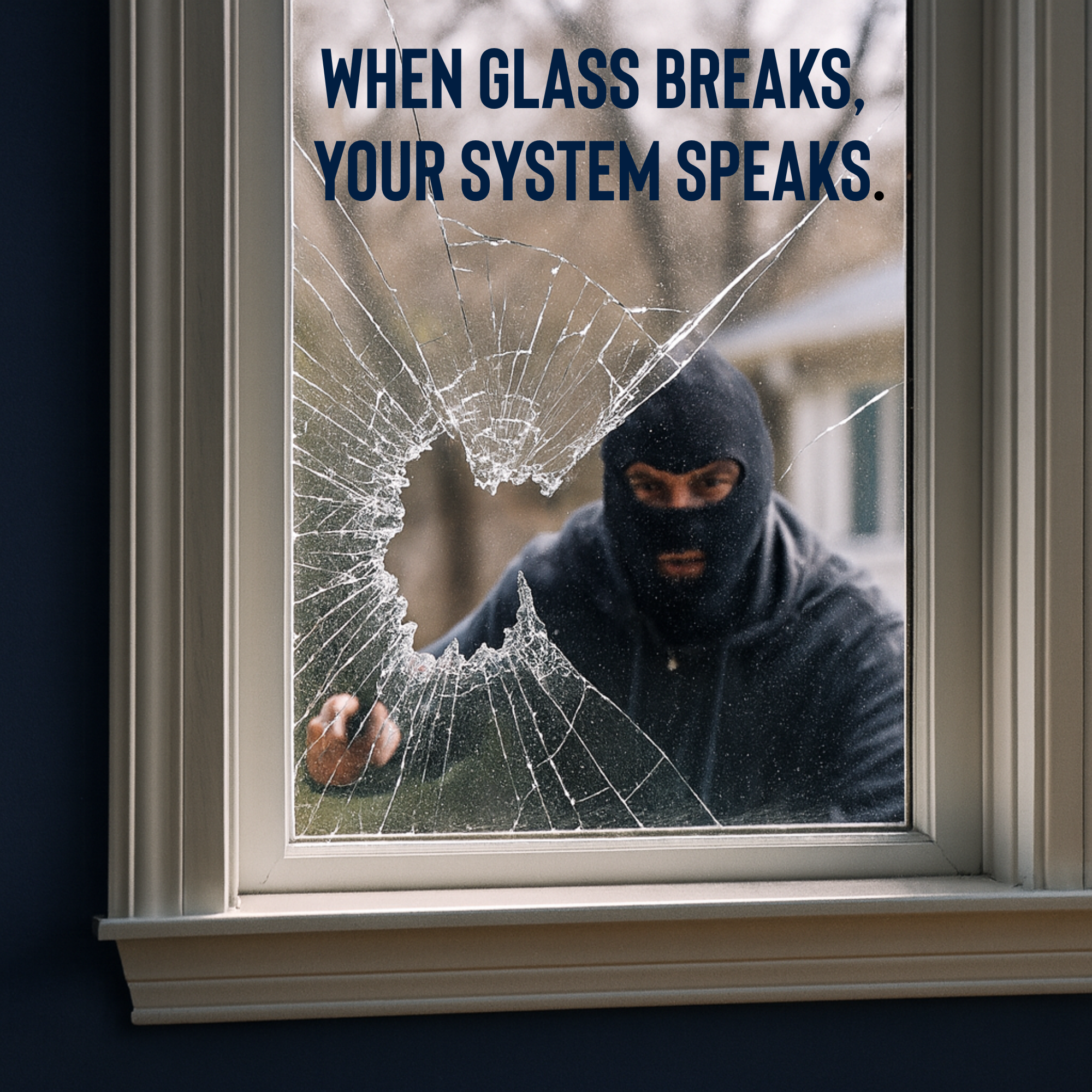 Burglar in a ski mask attempting to break into a home through a shattered window, viewed from inside a navy-walled room. The broken glass is realistic and detailed, with the intruder visible through the opening.