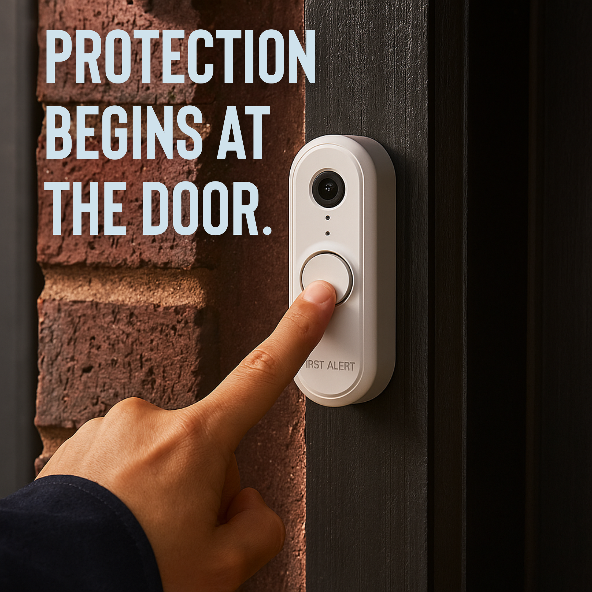 Close-up of a person pressing a First Alert video doorbell mounted on a brick and wood exterior wall, with the text “Protection Begins at the Door” displayed beside it.