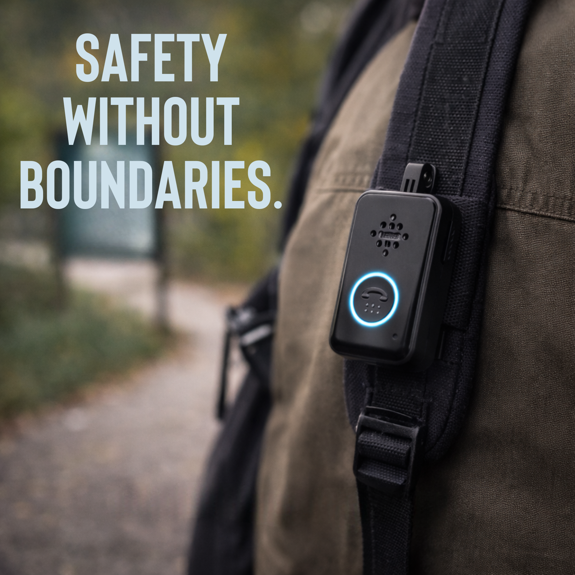 Belle mobile medical alert device clipped to a backpack strap during an outdoor walk, promoting safety without boundaries.