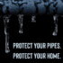 Close-up of a frozen pipe with icicles hanging from it against a black background, with the text “Protect Your Pipes. Protect Your Home.” displayed below.