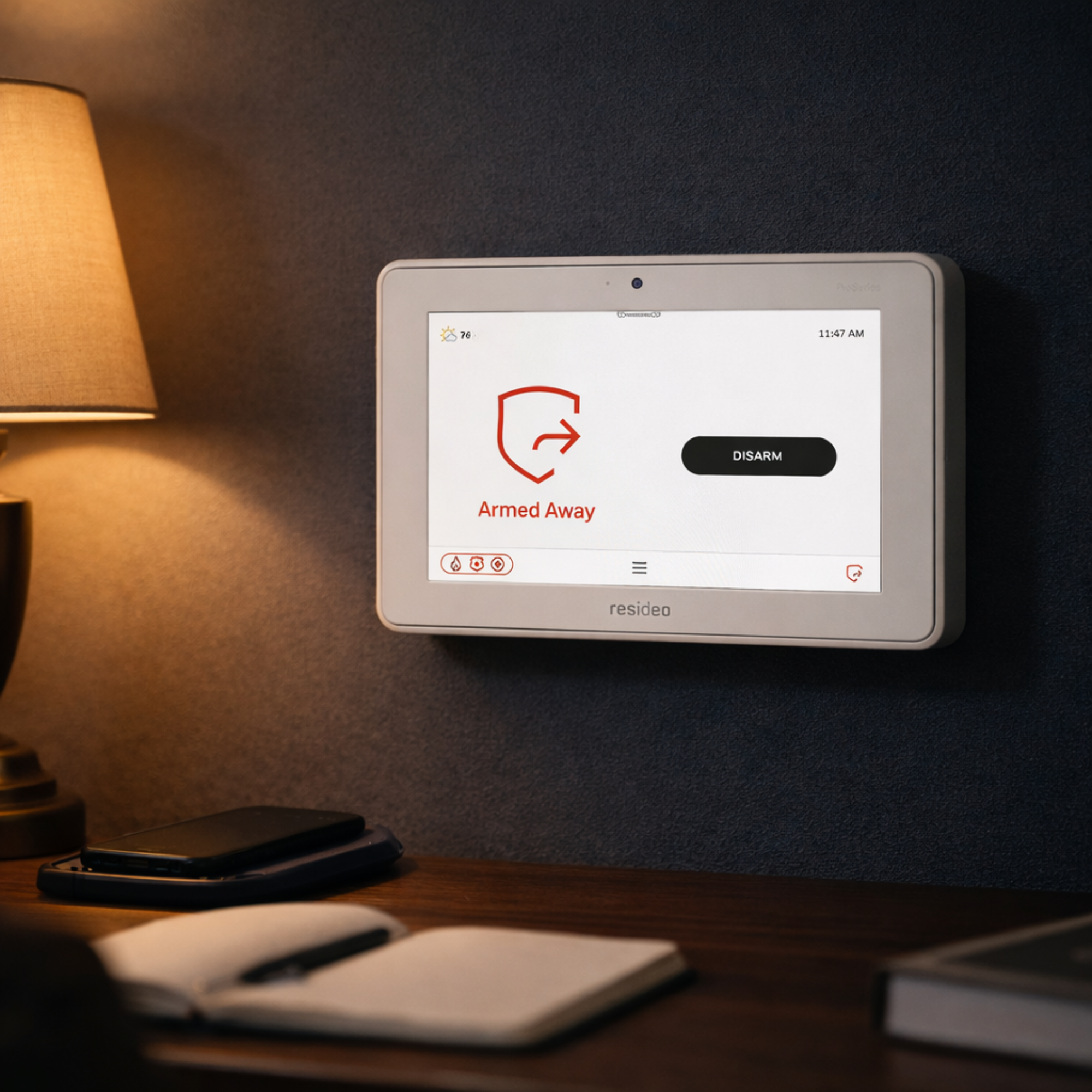 Home security alarm panel mounted on a navy blue wall above a desk, showing “Armed Away” status in a calm, residential safe room setting.