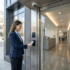 Professional woman using an ID badge on a keycard reader for commercial access control at a modern office building entrance equipped with a dome security camera.