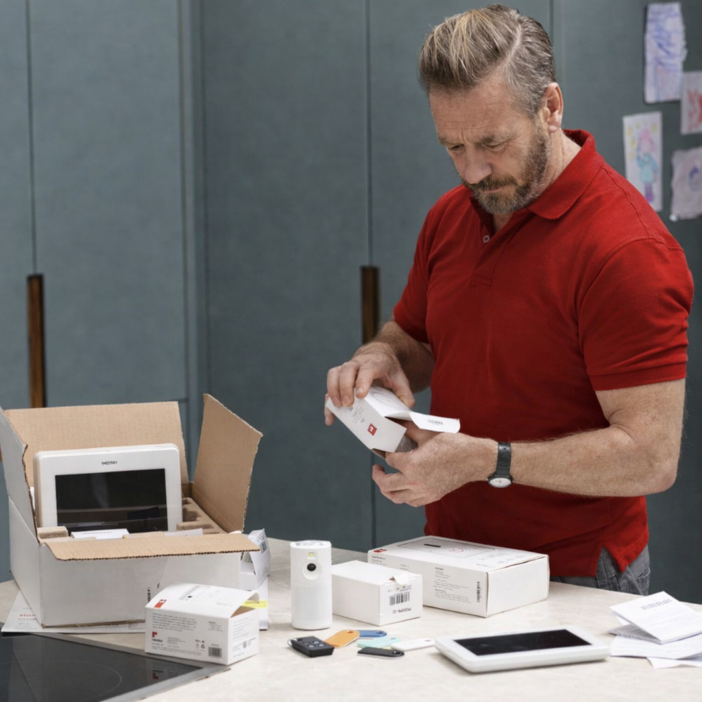 Technician setting up smart home security system with cameras and control panel on countertop