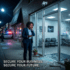 Distressed business owner standing outside a storefront with shattered glass doors after a burglary, featuring a dome security camera and police car with text "Secure your business. Secure your future."