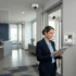 Professional woman using a tablet to manage a commercial smart security system featuring dome and bullet cameras with a wall-mounted touchscreen control panel in a modern office.