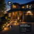 Modern two-story residence at night featuring Prudential Alarm smart outdoor security lighting, illuminated pathways, and integrated surveillance cameras.