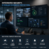 Security operator in a high-tech command center monitoring live surveillance feeds, real-time alarm notifications, and access control maps on a multi-screen wall display.