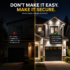 Side-by-side home security comparison showing a dark, vulnerable house versus a well-lit, secure home protected by motion lighting, security cameras, and smart locks.