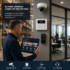 Integrated commercial security system featuring a tablet dashboard for monitoring video surveillance, alarm systems, and access control in a warehouse and office environment.