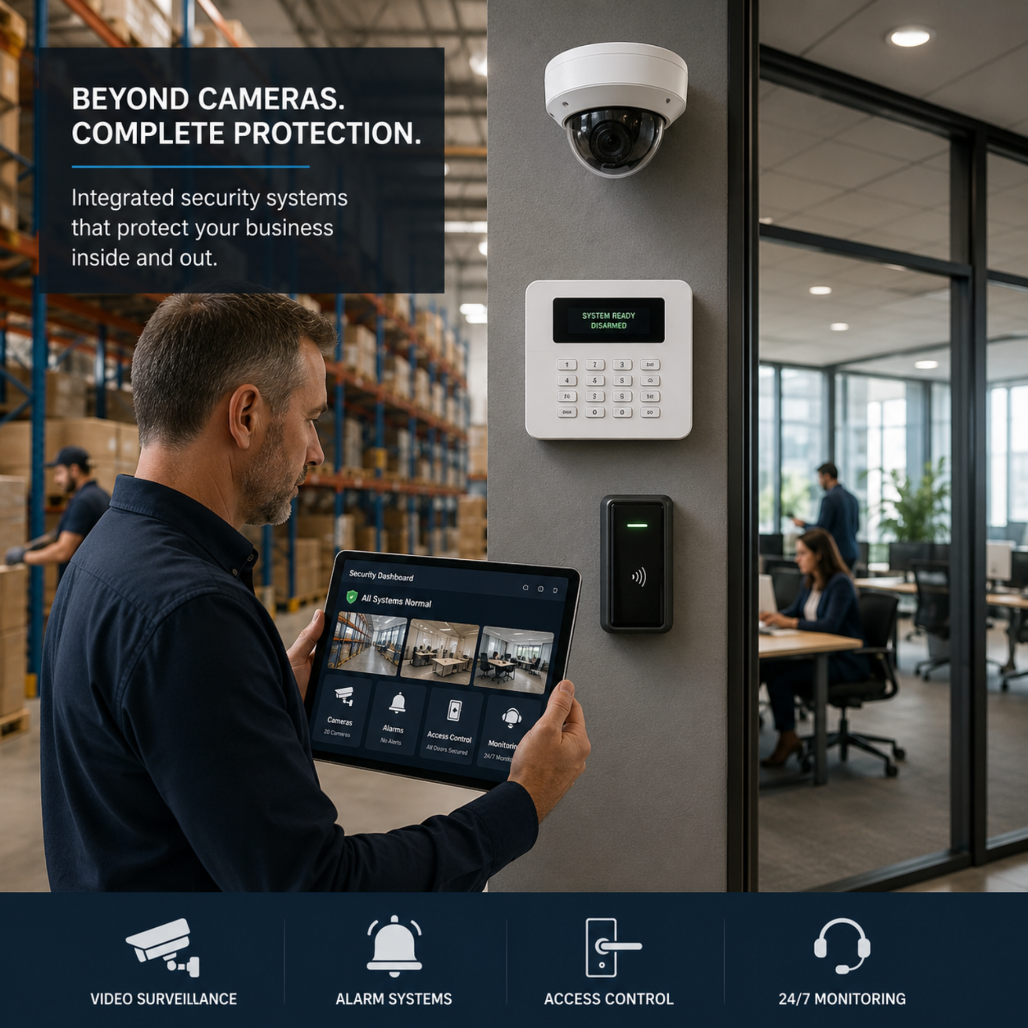 Integrated commercial security system featuring a tablet dashboard for monitoring video surveillance, alarm systems, and access control in a warehouse and office environment.
