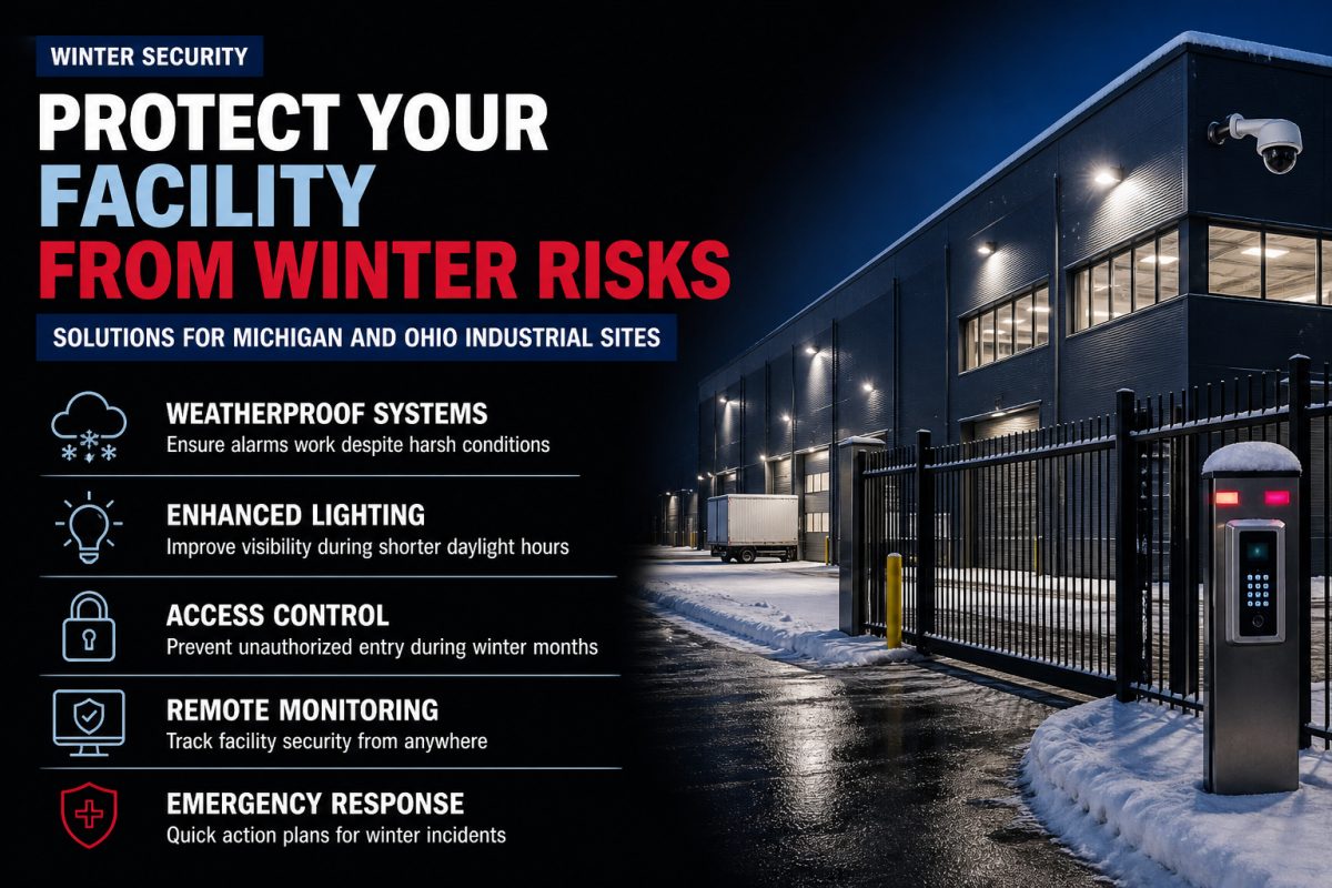 Industrial facility perimeter camera covered with snow during winter evening